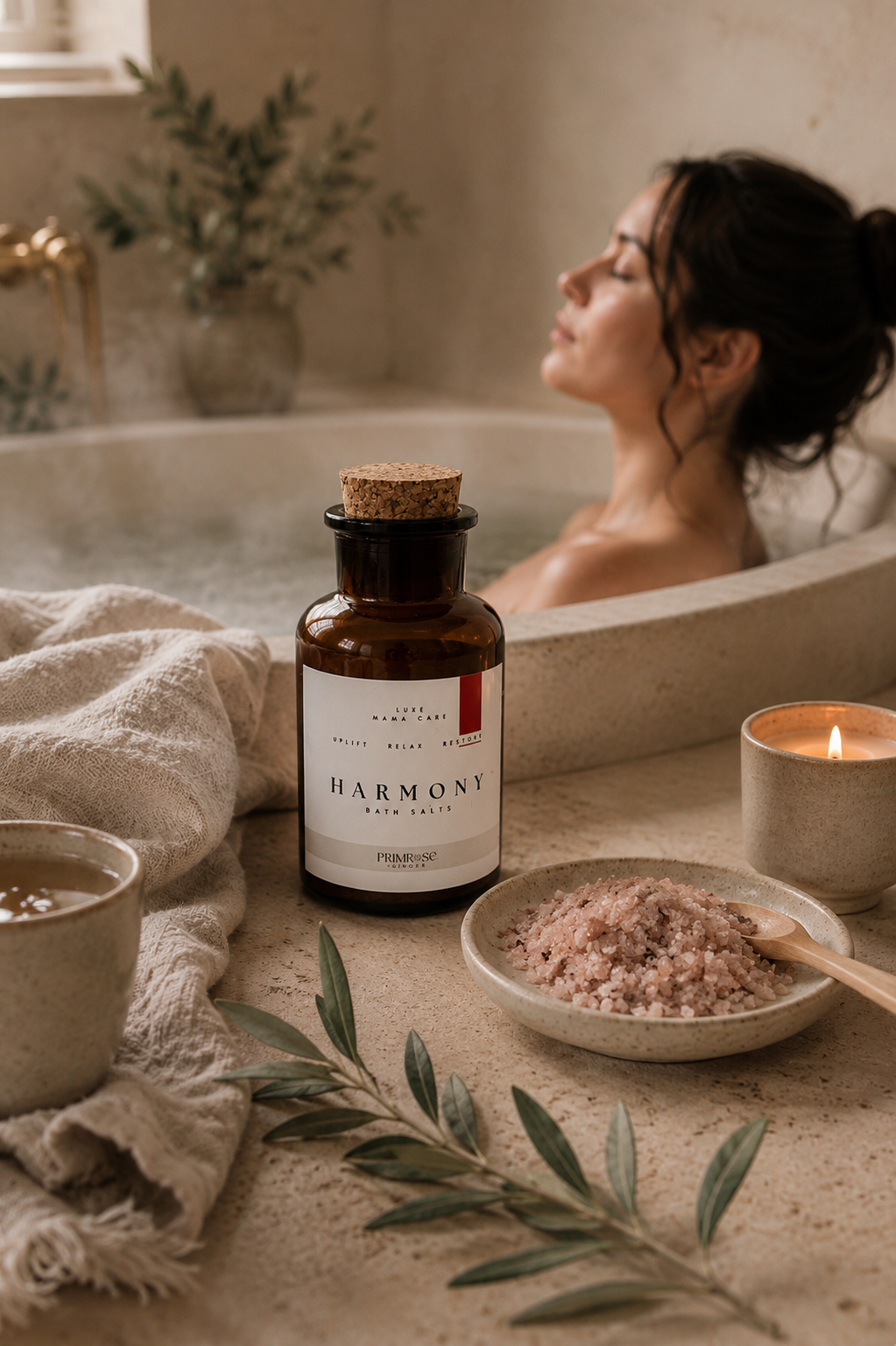 Woman relaxing in bath with Harmony botanical bath salts