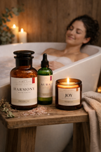Woman relaxing in bath with postpartum self care wellness products
