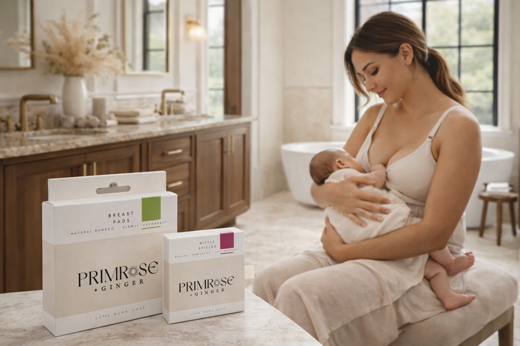 Mother using postpartum breastfeeding support products in calming home setting
