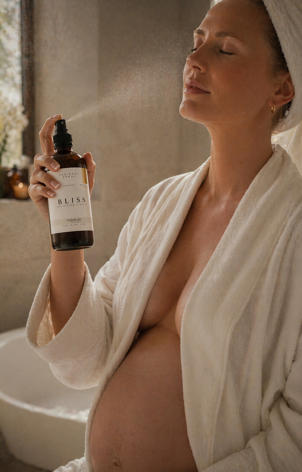 Woman using calming chamomile mist as part of postpartum wellness ritual