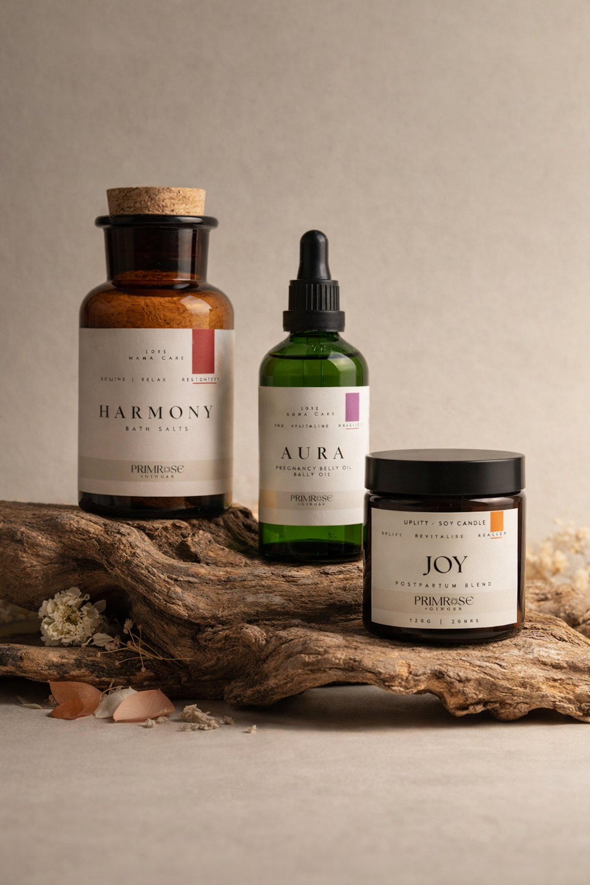 Natural postpartum recovery gift set with candle bath salts and body oil