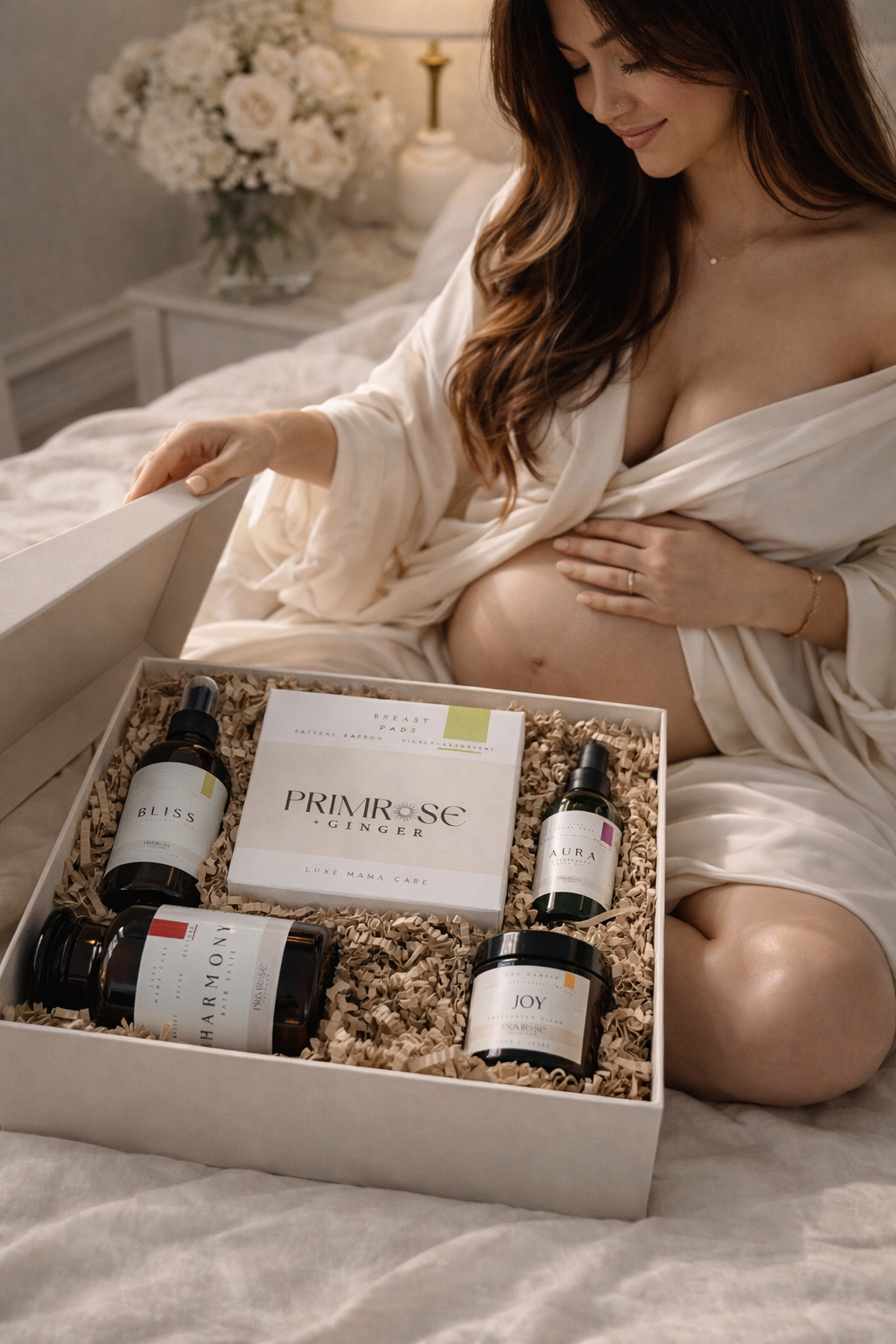 New mother enjoying postpartum self care gift box with wellness products