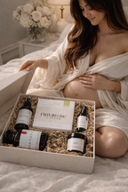 New mother enjoying postpartum self care gift box with wellness products