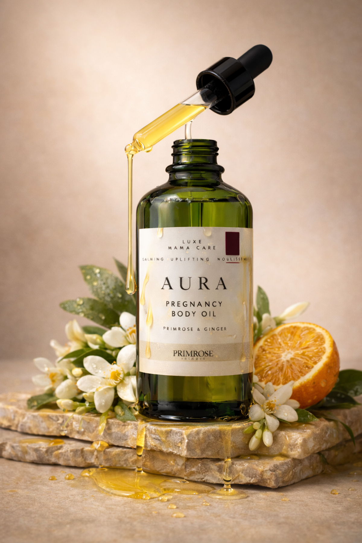 Pregnancy belly oil with nourishing botanical ingredients for soft hydrated skin