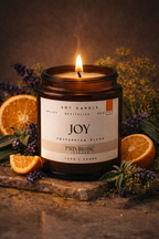 Lit Joy soy candle with calming citrus and neroli fragrance